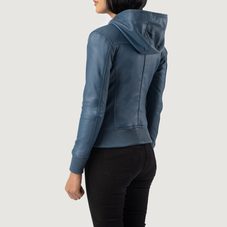 Womens Luna Blue Hooded Leather Bomber Jacket Tilted Back-8-1686934524949